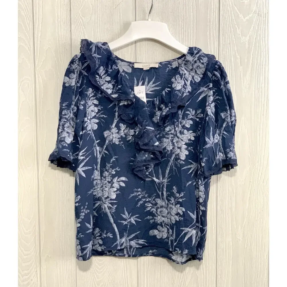 LOFT Blue Floral V-Neck Ruffle Short Sleeve Top Small NWT